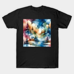 Winter Watercolor Abstract Lakeside Houses T-Shirt